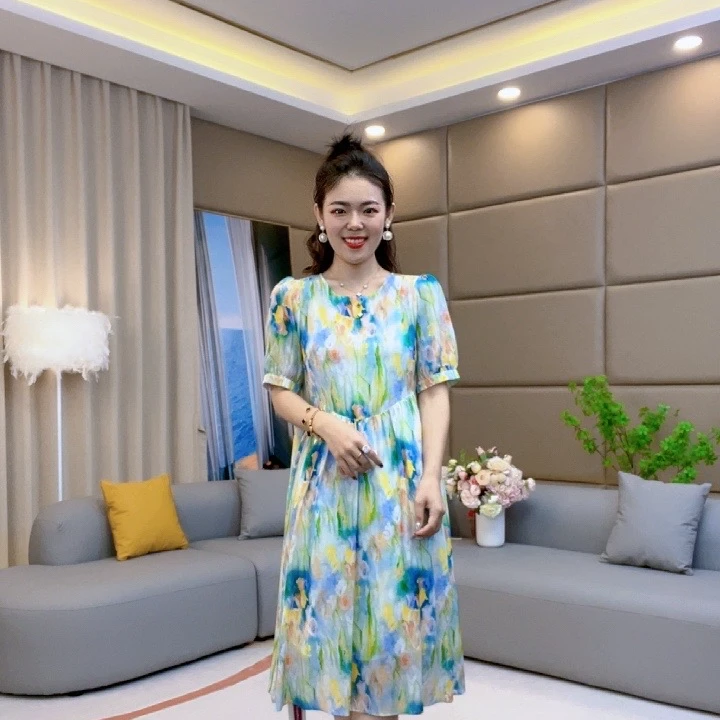 【火火精选】彩色圆领后背隐形拉链休闲宽松女装桑蚕丝连衣裙 90376