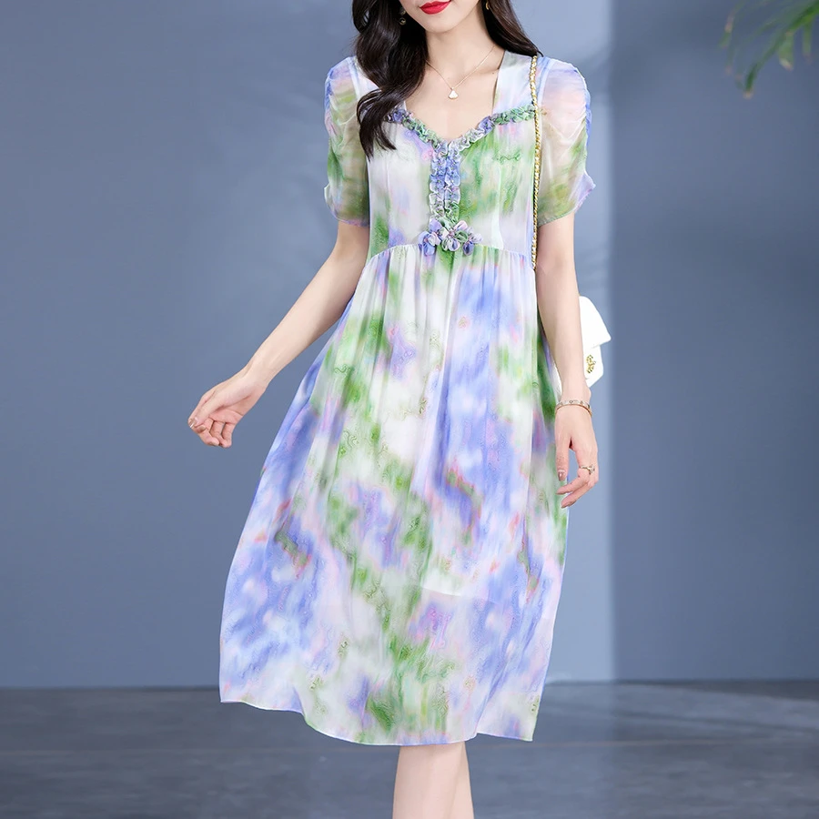 【火火精选】木耳边领钉花朵时尚气质女士桑蚕丝连衣裙 75074