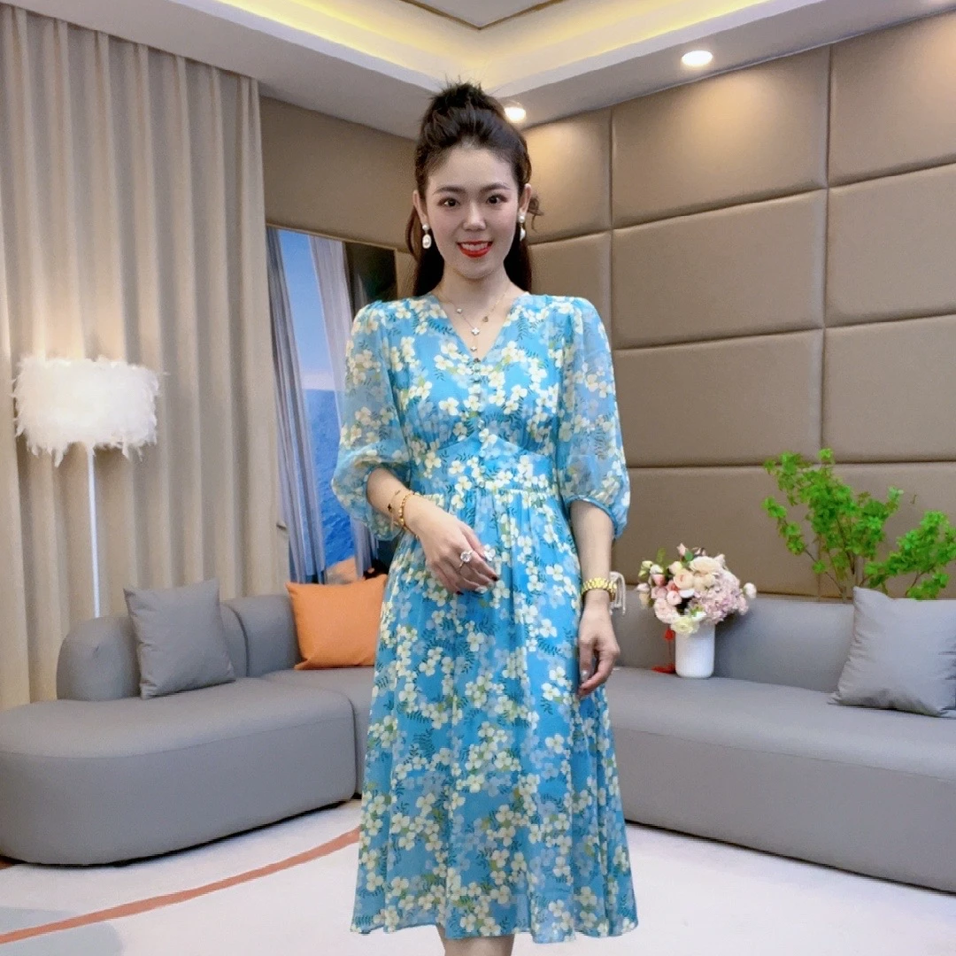 【火火精选】"栀子花开“ V领气质时尚减龄收腰桑蚕丝连衣裙 90180