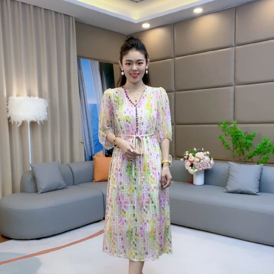 【火火精选】“彩色霓虹”V领时尚宽松气质女装桑蚕丝连衣裙 90456