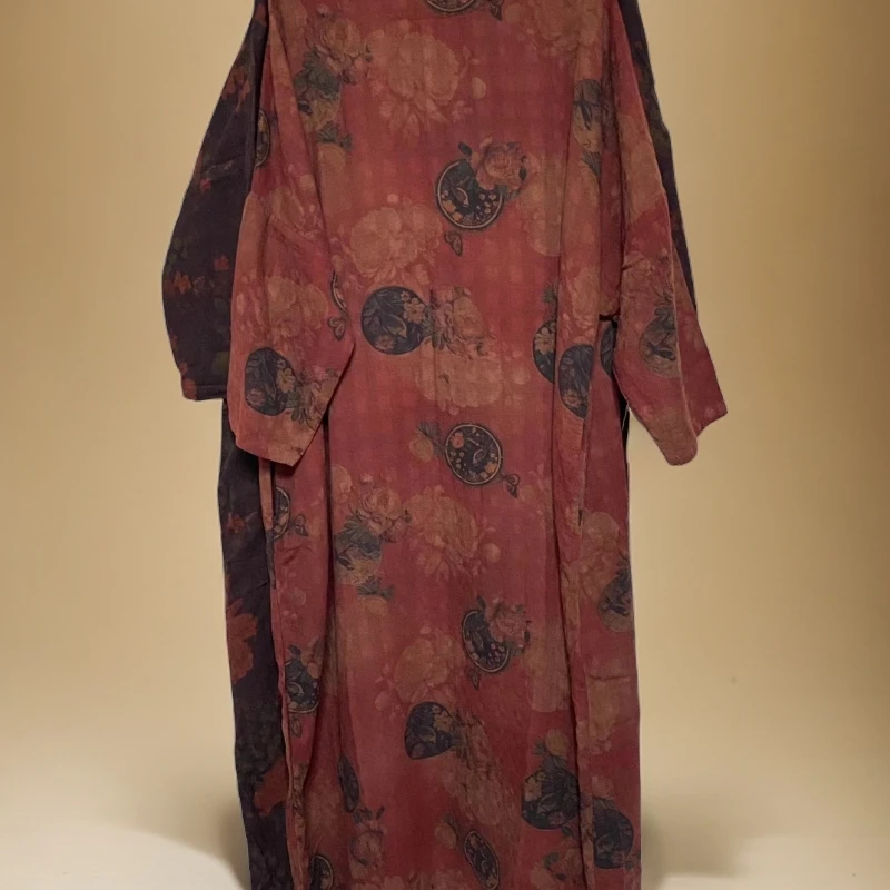 2024早秋款炒色复古宽松做旧气质印花棉麻连衣裙，百搭民族风袍子