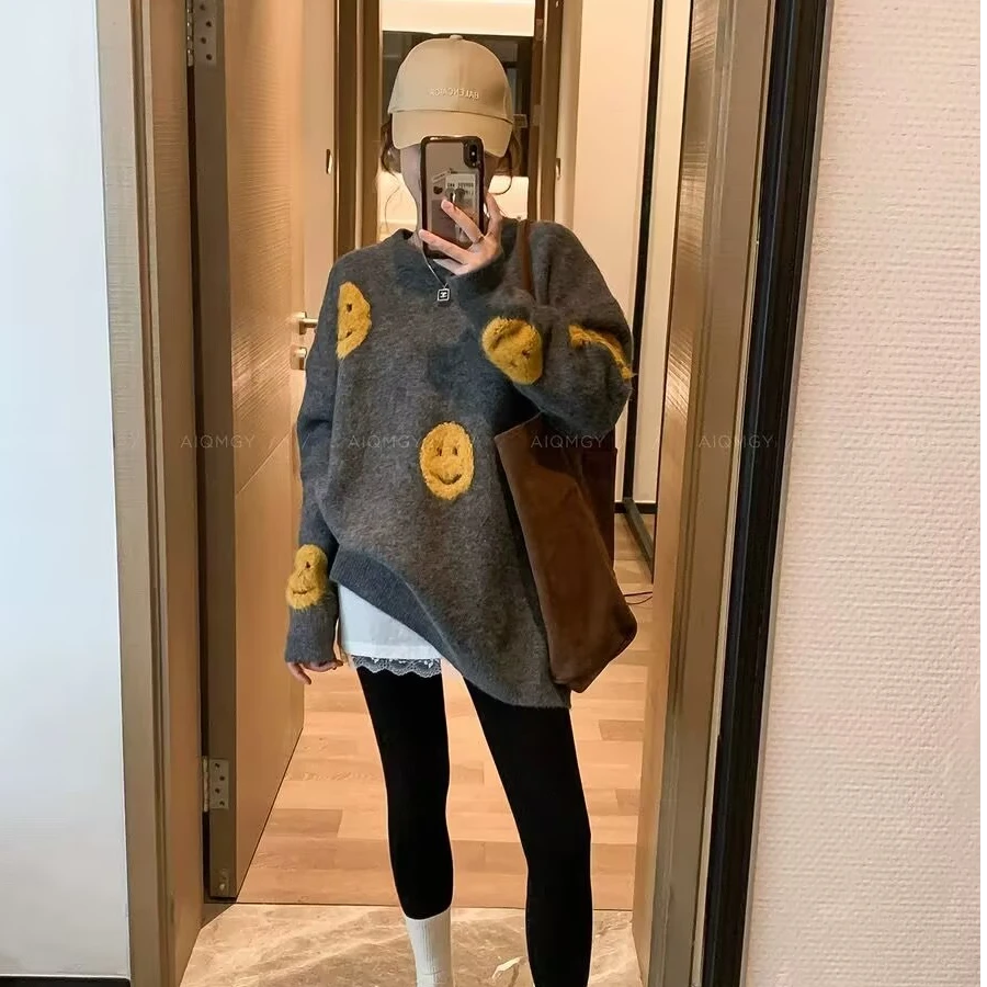 孕妇秋冬孕妇装2024爆款时尚韩版圆领笑脸毛衣慵懒风宽松上衣冬装