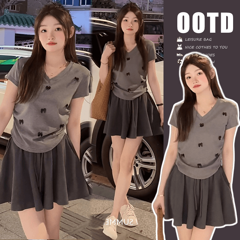 孕妇套装2024网红潮款洋气小个子显瘦V领上衣休闲减龄半身裙夏装
