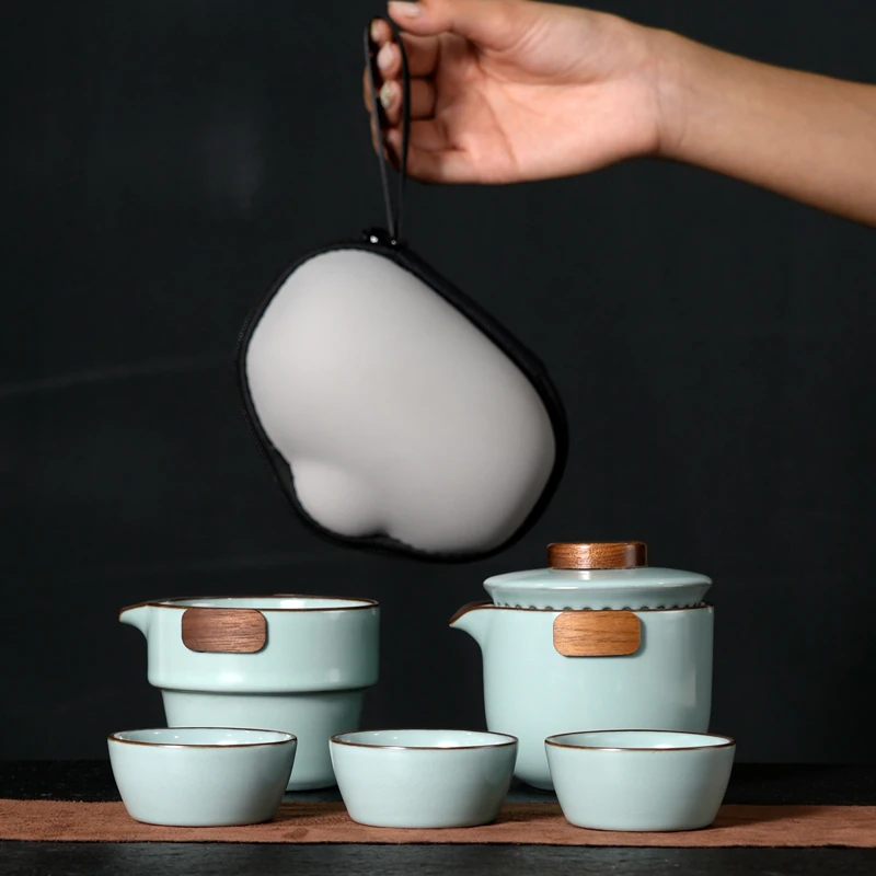 旅行茶具套装汝窑手抓壶泡茶杯户外出差便携式快客杯高档泡茶器具