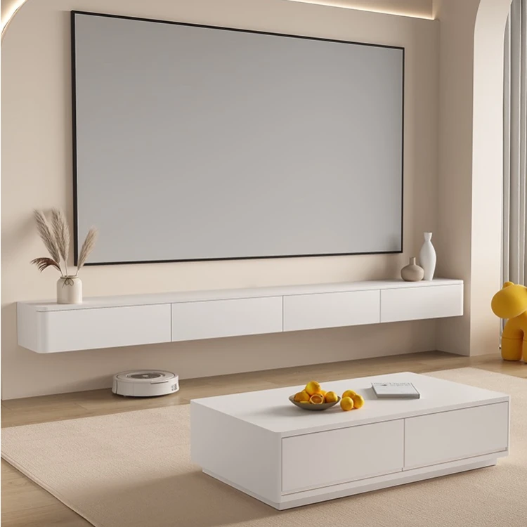 阿帕奇奶油风悬空电视柜白色悬挂式电视机柜茶几组合现代简约实木