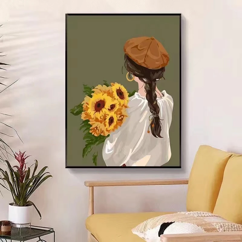 背影 DIY数字油画填色手工油画治愈系背影长发女孩客厅装饰挂画