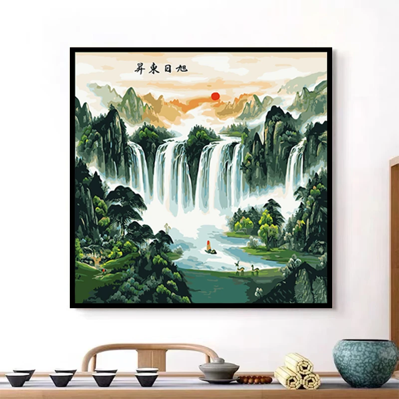 中式山水画 DIY数字油画中式零基础手工涂色玄关装饰画丙烯画