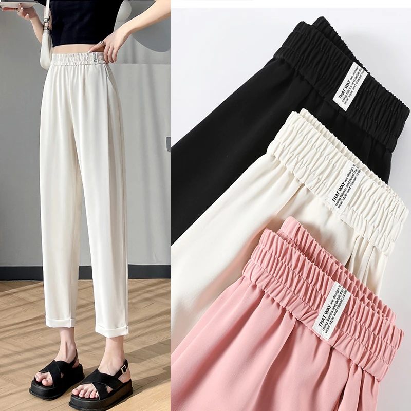 翻边哈伦西装裤女夏季薄款高腰垂感宽松黑色显瘦松紧腰萝卜九分裤