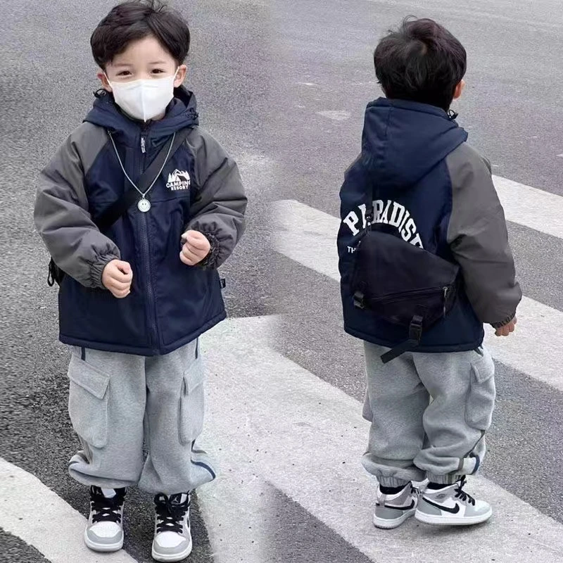 现货现发2025新款秋冬男童夹棉外套二棉新款儿童小童加绒棉服外套