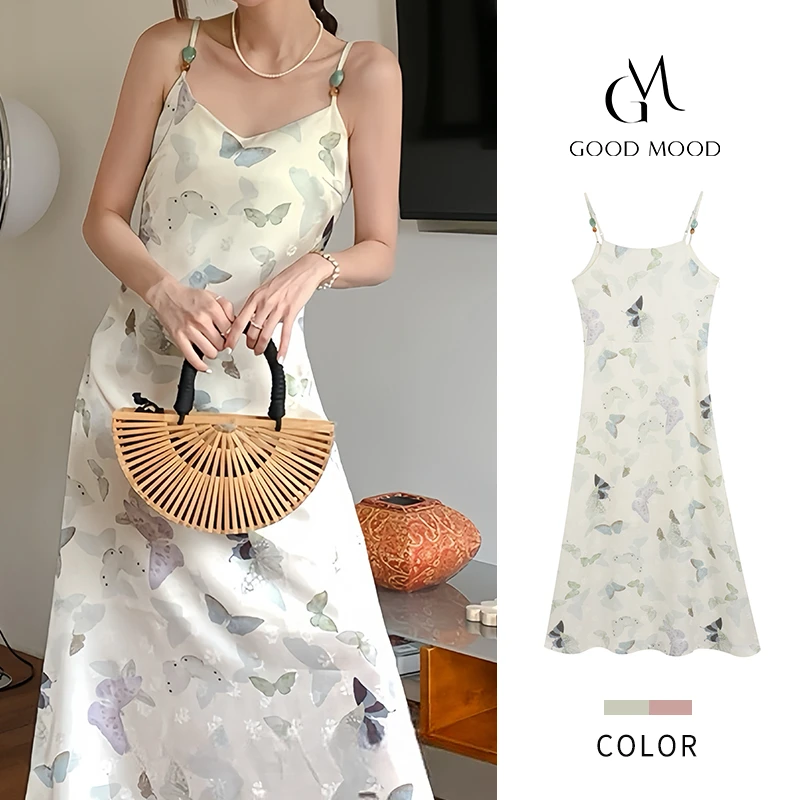 新款连衣裙2025夏季气质绑带缎面印花裙子女