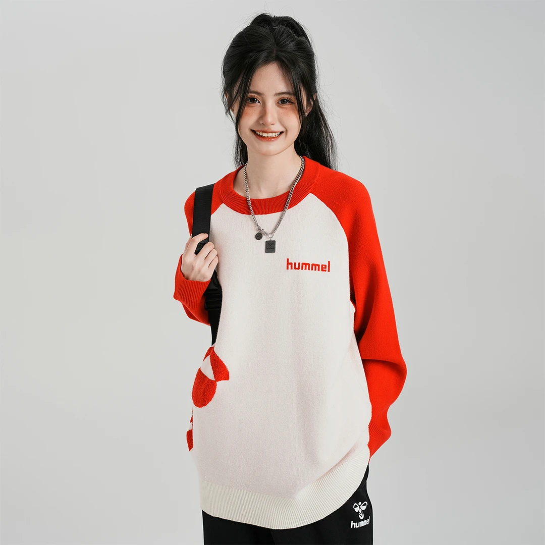 HUMMEL潮牌圆领毛衣男女冬季防寒保暖休闲长袖潮流宽松红色加厚