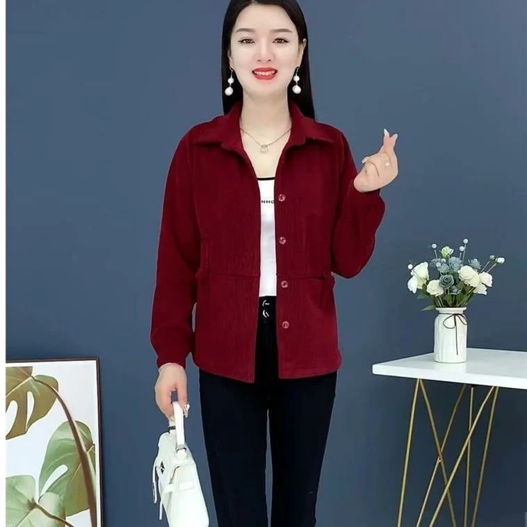 中年女装灯芯绒外套短款上衣2025新款中老年妈妈长袖百搭休闲女装