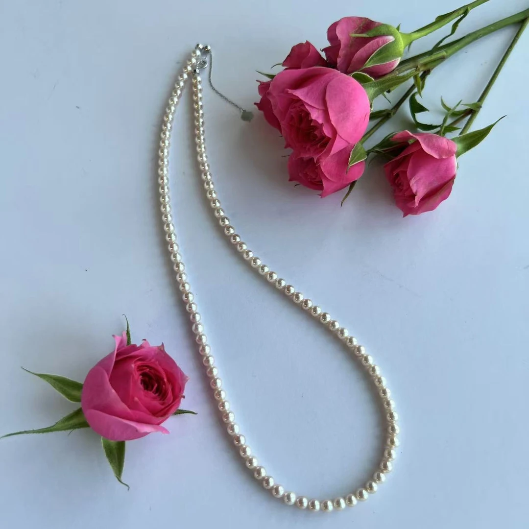 【9号】淡水珍珠曼塔玫瑰色4.5-5.5mm串链配18k金