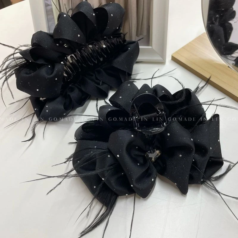 非金属布艺发饰 【星空】新版缎面面料羽毛抓夹高级感显发量鲨鱼