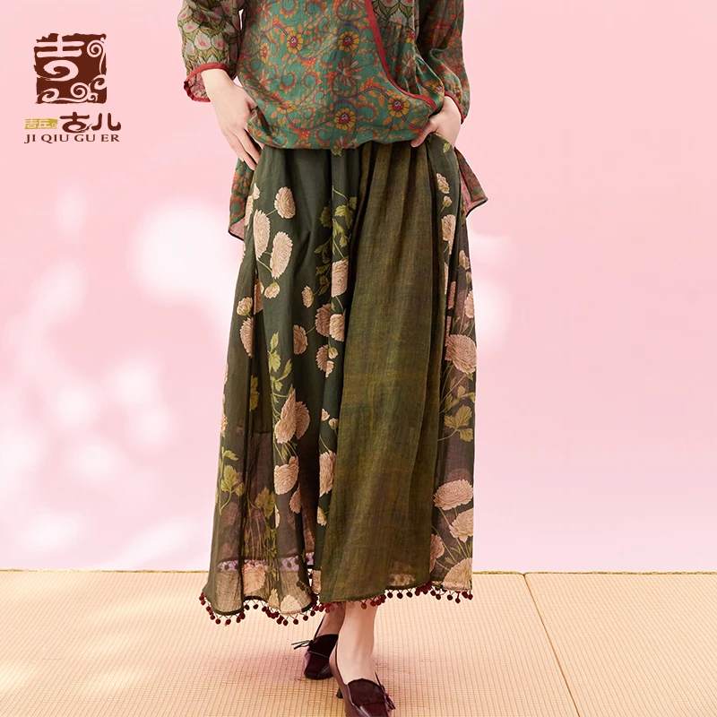 吉丘古儿夏蝉阔腿裤休闲100%苎麻清雅显瘦牡丹花国风G242K007