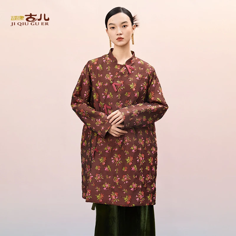 吉丘古儿珊瑚中式棉服文艺复古保暖外套中长款上衣冬季G244Y013