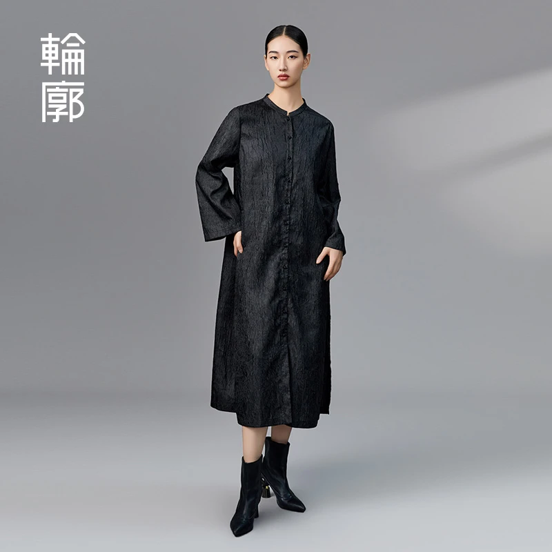 轮廓旷野侘寂风中式立领衬衫L233Y040复古中长款褶皱肌理简约衬衣