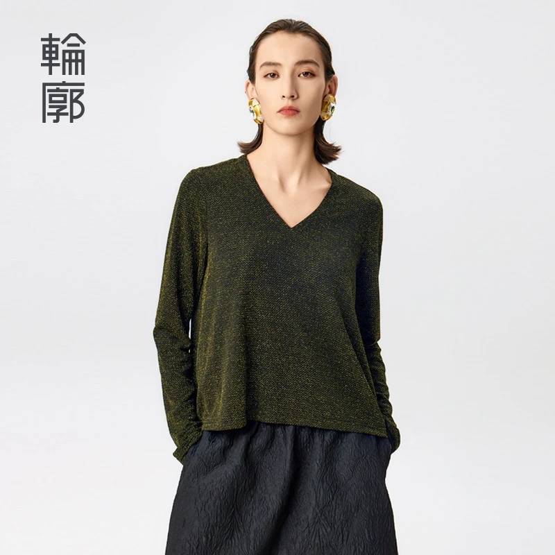 轮廓星空长袖针织衫L241Y017黑金休闲V领设计款时尚女装针织上衣