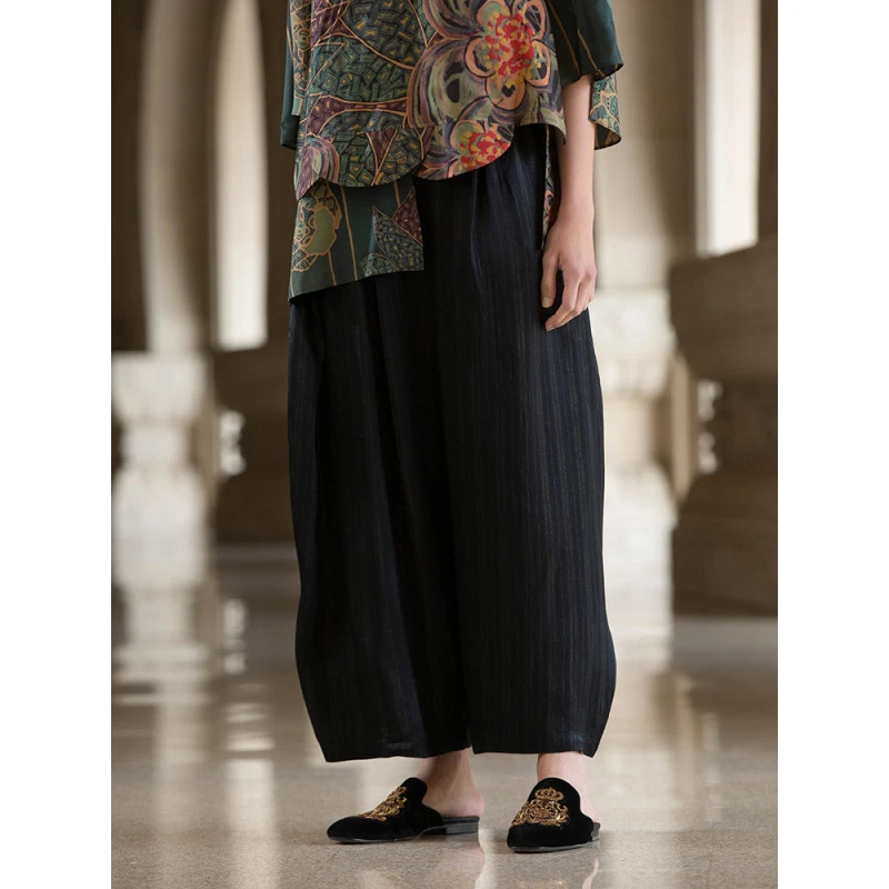 轮廓条纹印花阔腿裤复古原创简约时尚休闲裤夏L222K014百搭潮流