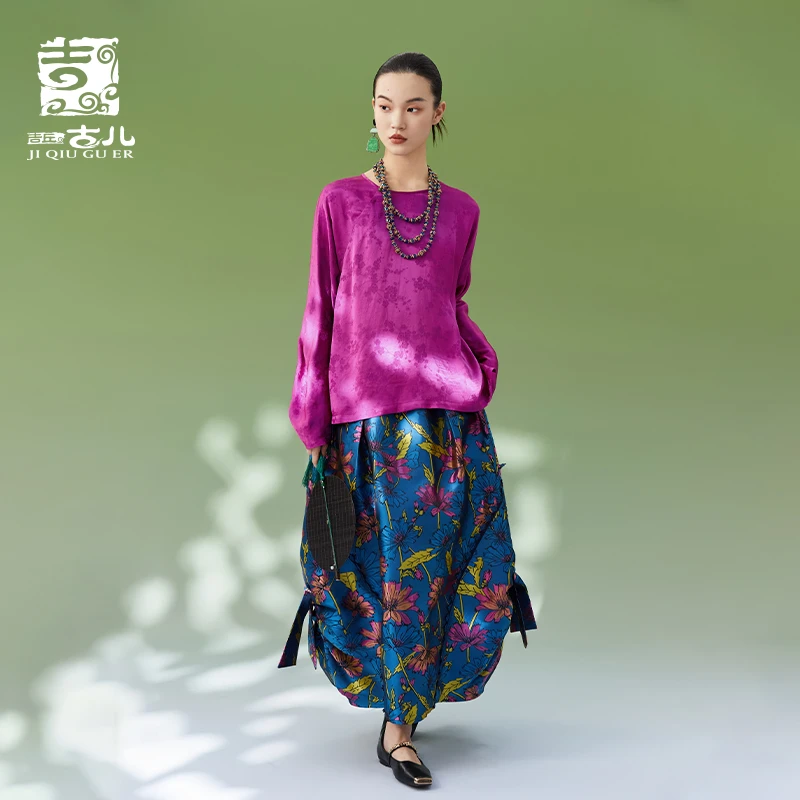 吉丘古儿诗韵佳人提花上衣新中式复古百搭不对称设计衬衫G241Y007