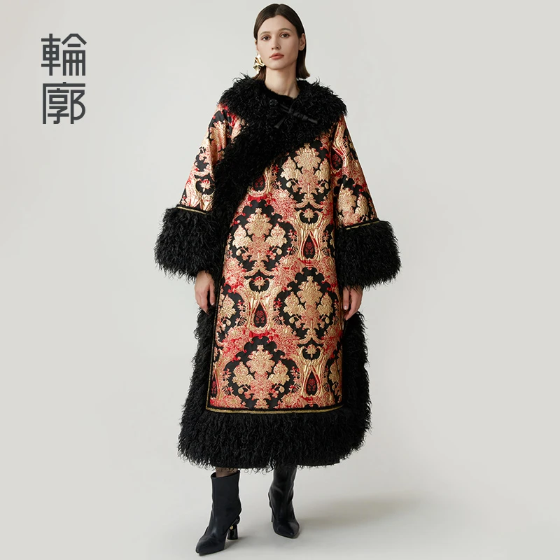 轮廓红宝石L244Y020华美大气织金提花长款棉服原创拼接提花棉衣冬