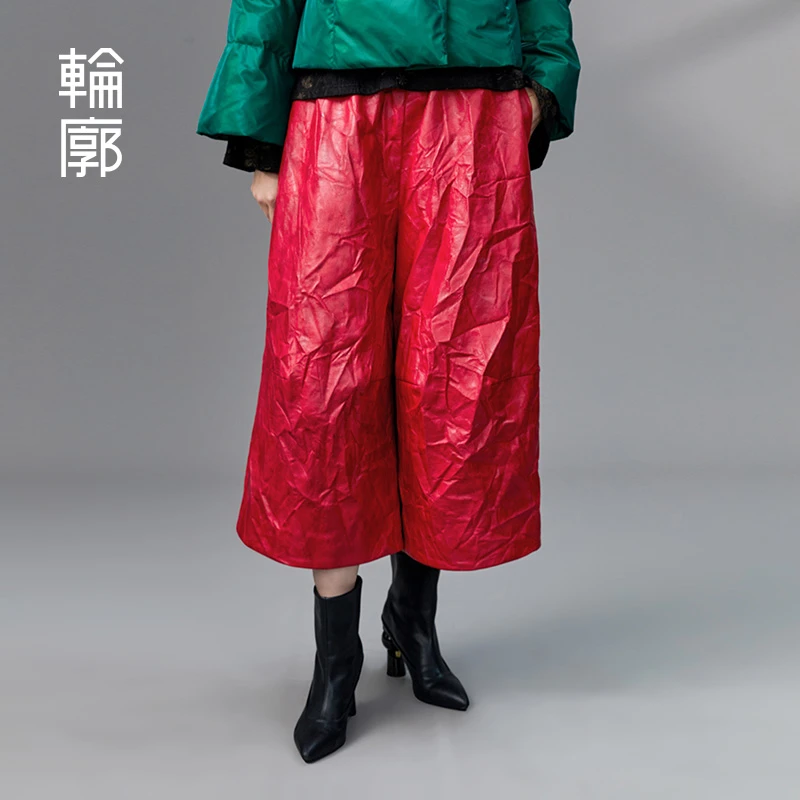 轮廓皮革叙事复古宽松皮裤L233K014乱褶工艺时尚肌理感大气阔腿裤
