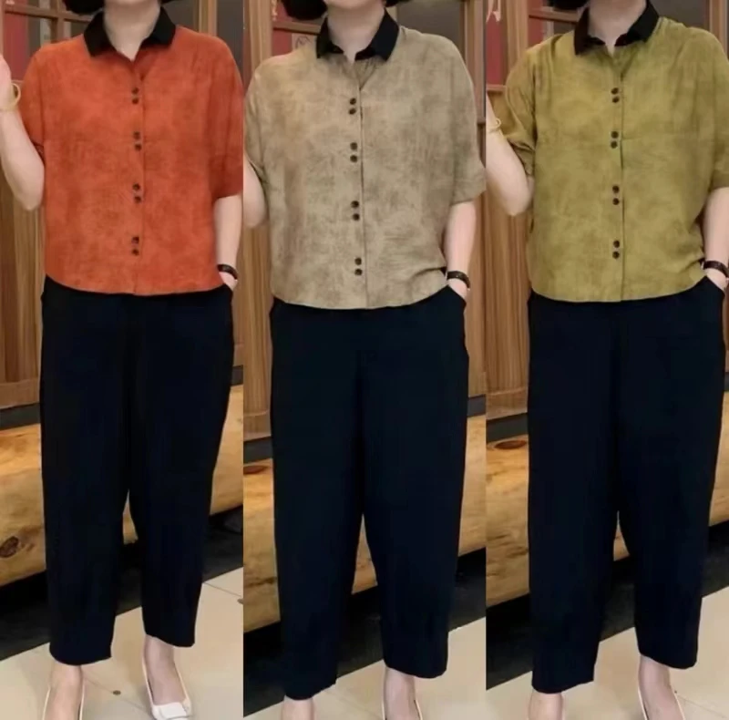 妈妈装夏季新款时尚套装高档气质翻领开衫短袖上衣裤子两件套
