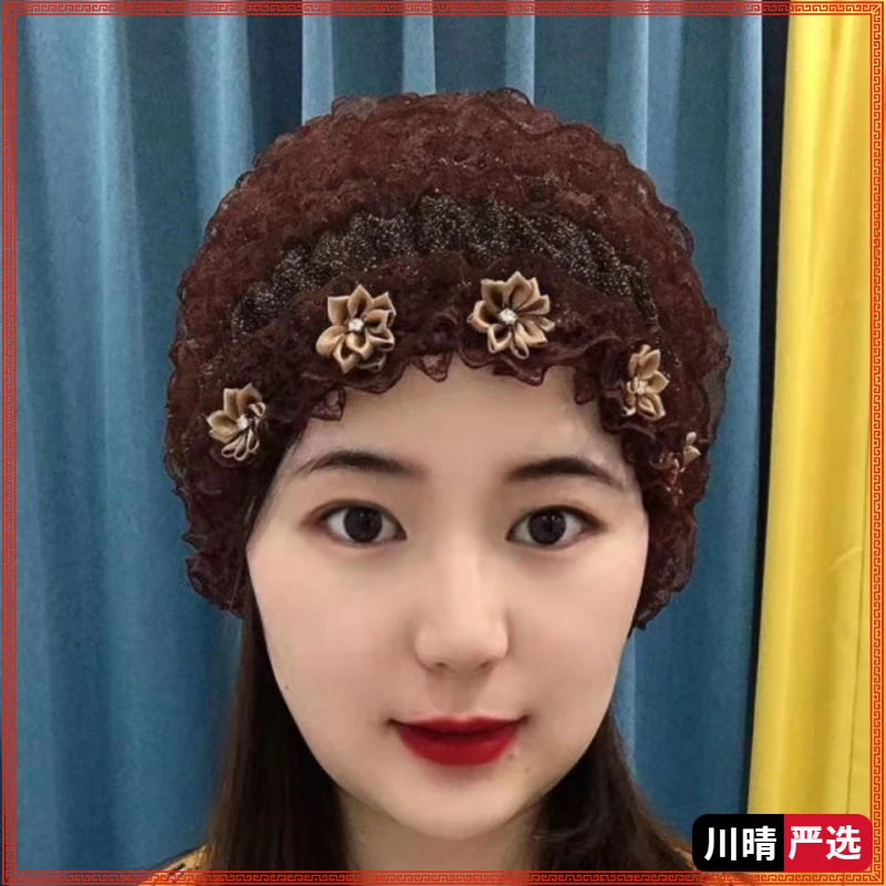 四季款小花朵包头帽蕾丝帽遮白发帽时尚居家骑车防风帽光头帽D126