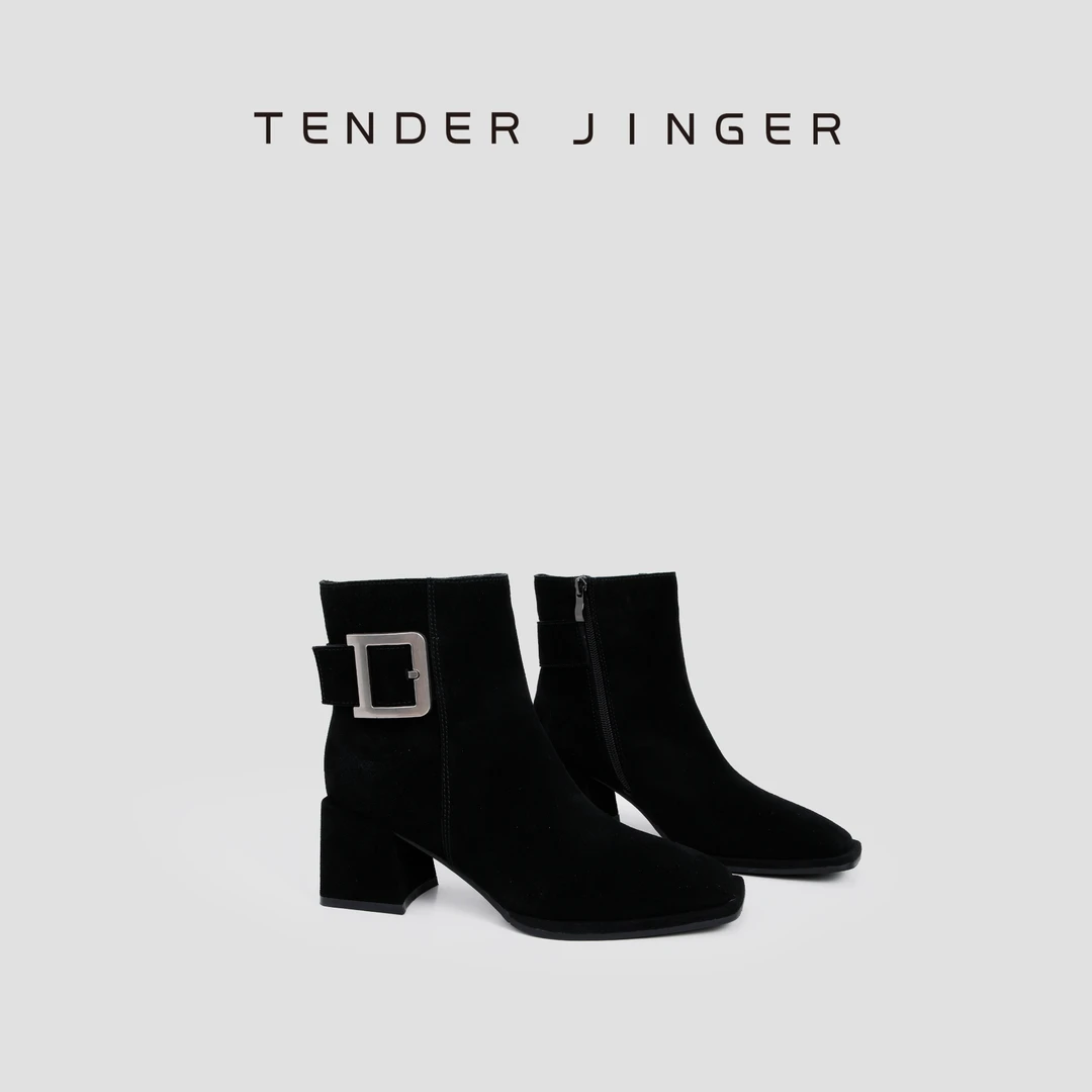 Tender Jinger｜线下专供 小方头加绒金属方扣粗跟短靴 M240959