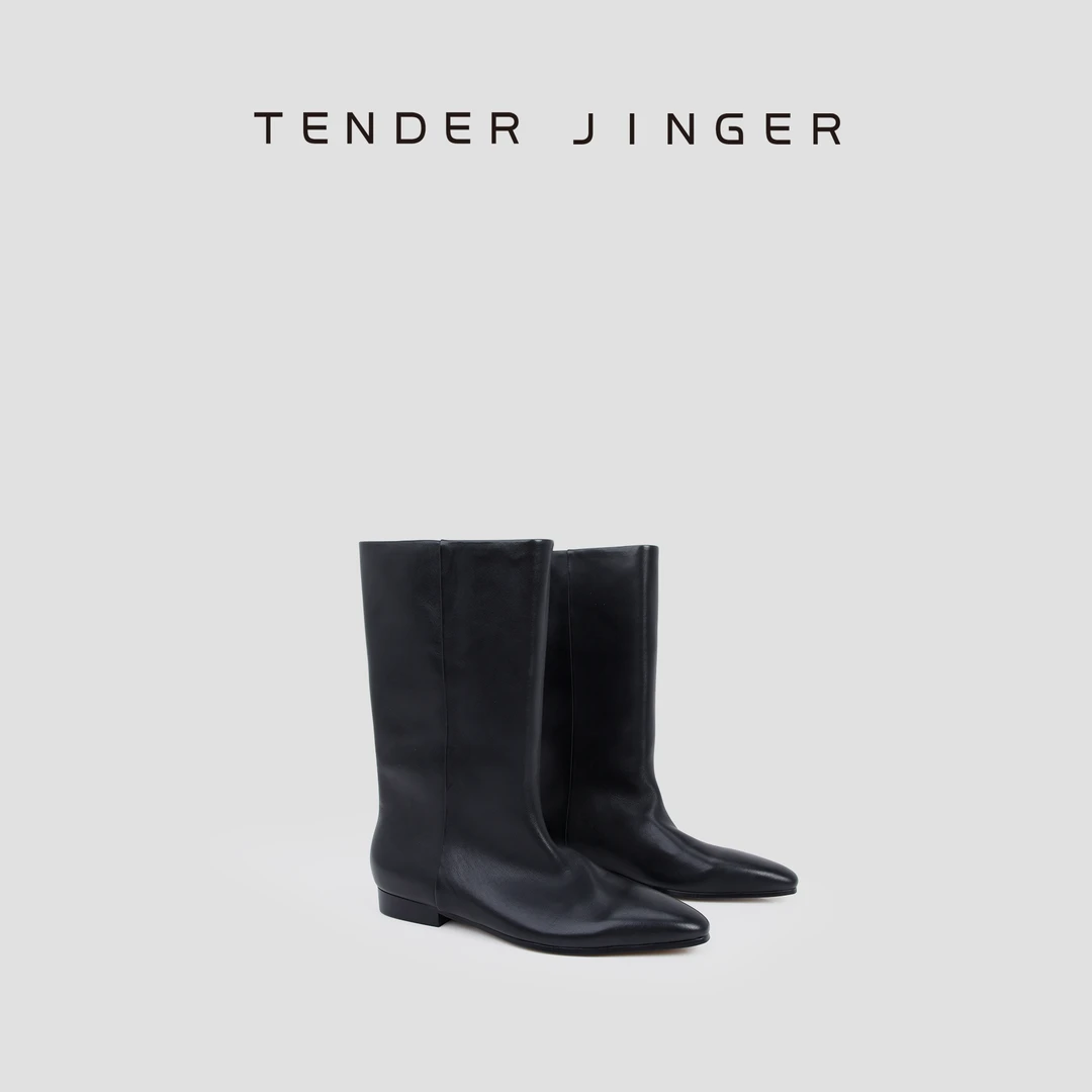 Tender Jinger 中筒靴女2024新款秋冬季单靴真皮尖头女靴