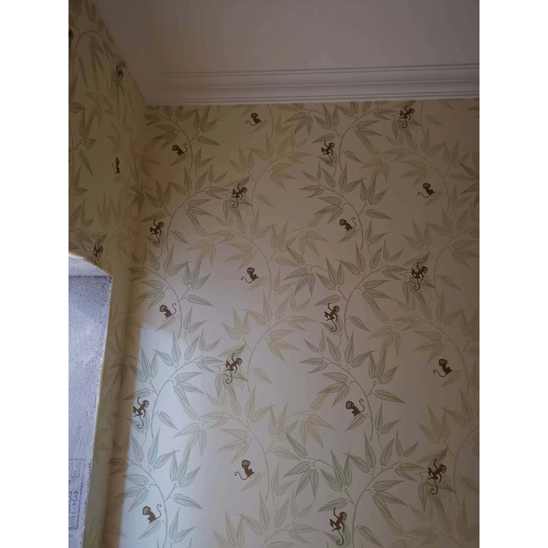 进口纯纸墙纸木纤维环保田园儿童房卡通猴子家庭装饰卧室书房壁纸