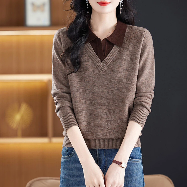 【绵羊毛】新款女装时尚百搭洋气显瘦减龄秋长袖气质女士拼色翻领