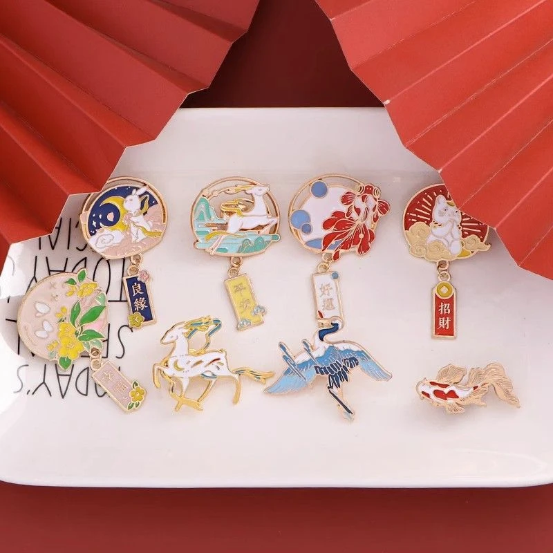 合金胸针 复古中国风国潮仙鹤金属胸针徽章锦鲤ins风装饰胸针勋章