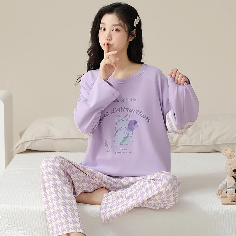 【带胸垫】兔子睡衣2023春秋新款纯棉香芋紫长袖女士家居服可外穿女