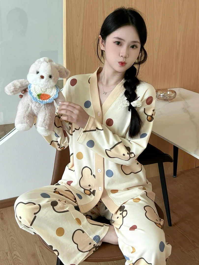 2025新款纯棉带胸垫睡衣女士秋冬大码长袖长裤家居服套装