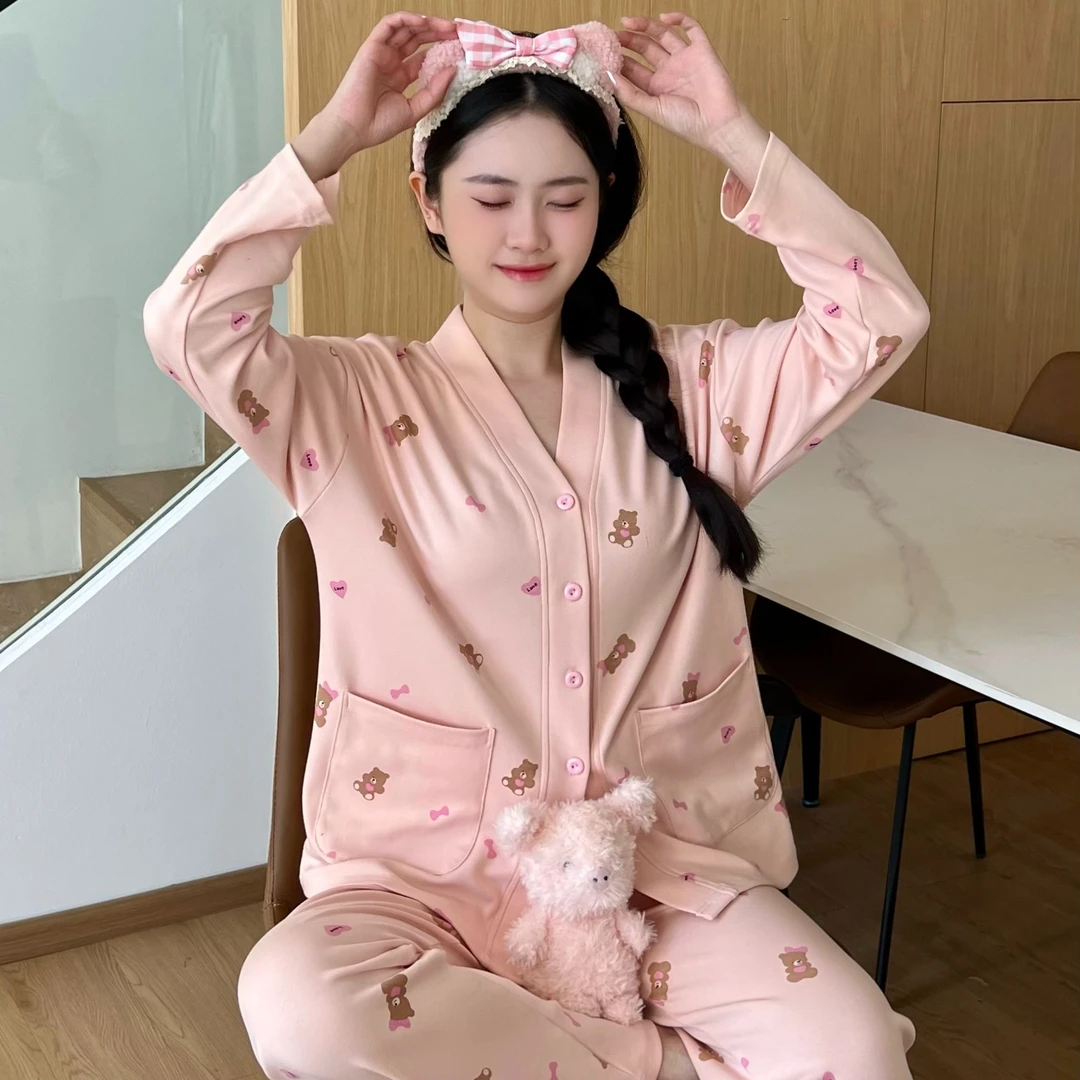 2025新款纯棉带胸垫睡衣女士秋冬大码长袖长裤家居服