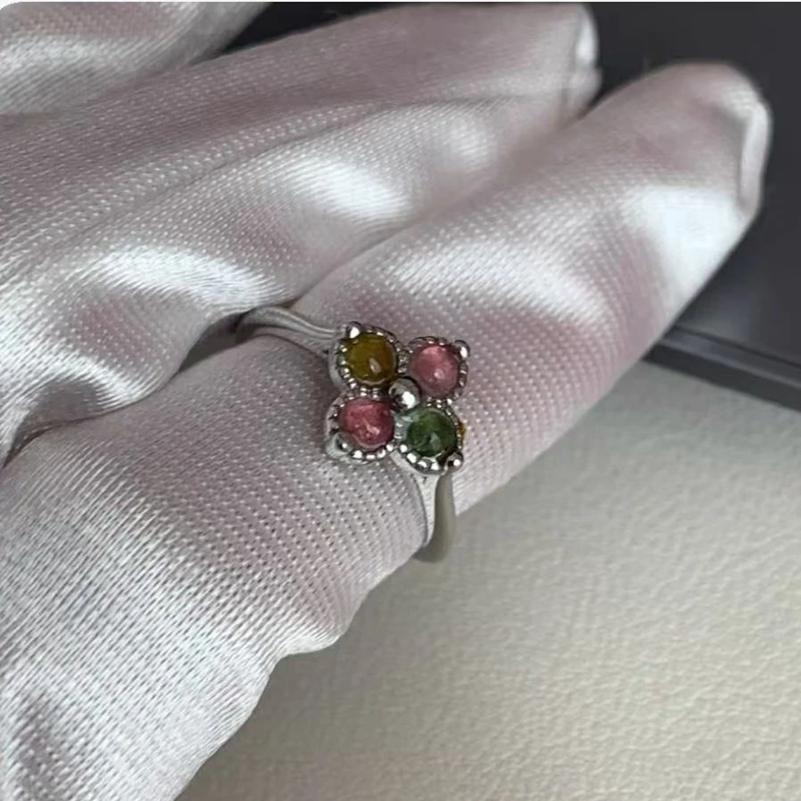 天然碧玺糖果色戒指四叶草款活口戒指