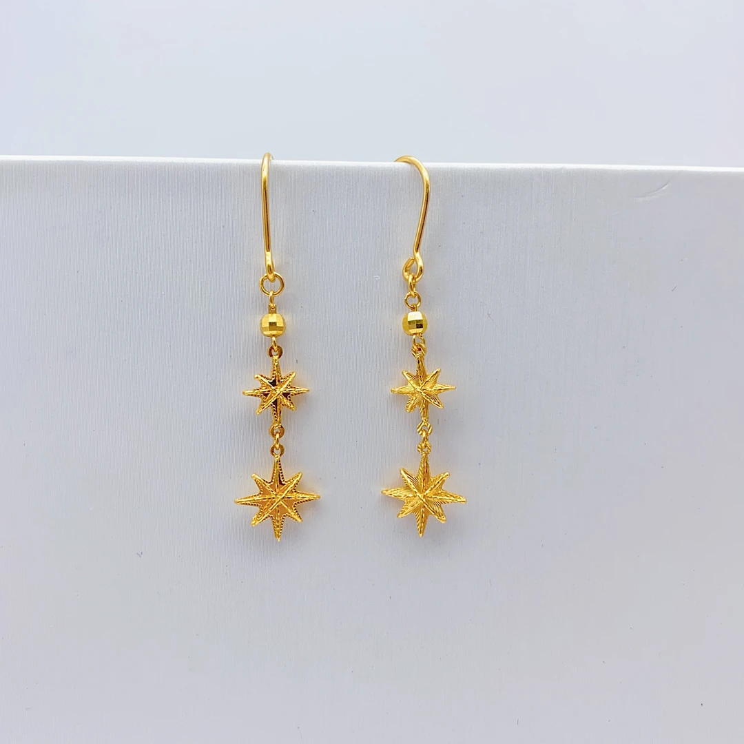 老庙 足金  精工5G工艺  拉丝双芒星 耳钩 2.93克