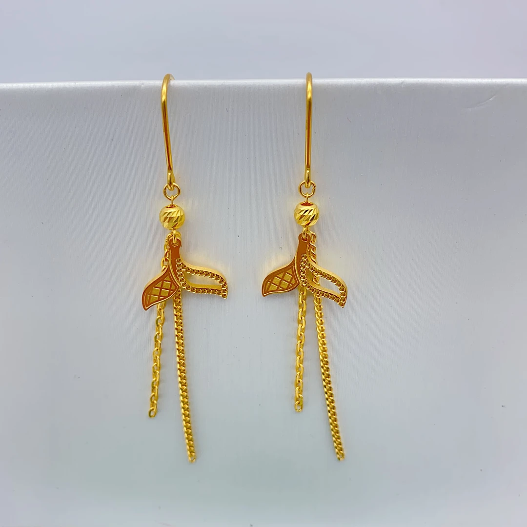 老庙足金2  精工5G工艺  时尚鱼尾链条流苏耳钩  4.21克