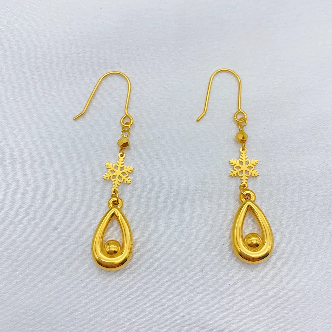 老庙 足金2  精工5D工艺  雪花水滴 耳钩 3.5克