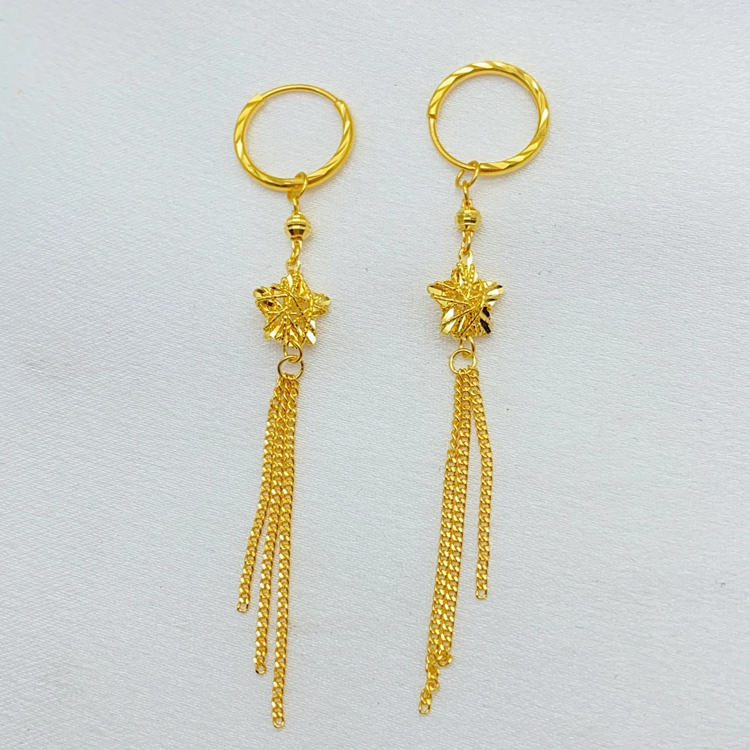 老庙黄金 足金 精工5G工艺 拉丝五角星流苏 耳圈 3.69克