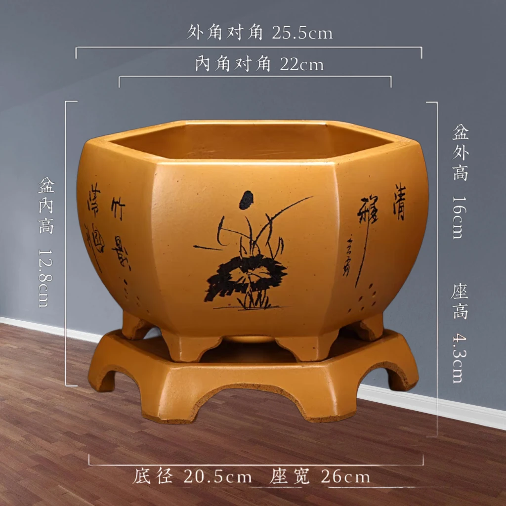 宜兴家用六方陶瓷紫砂盆景花盆桌面梅花老桩盆透水古典厂家直销