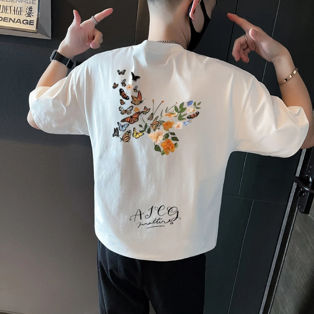 【高品质男装】夏季新款棉质T恤短袖极简设计图印花圆领潮牌上衣ins