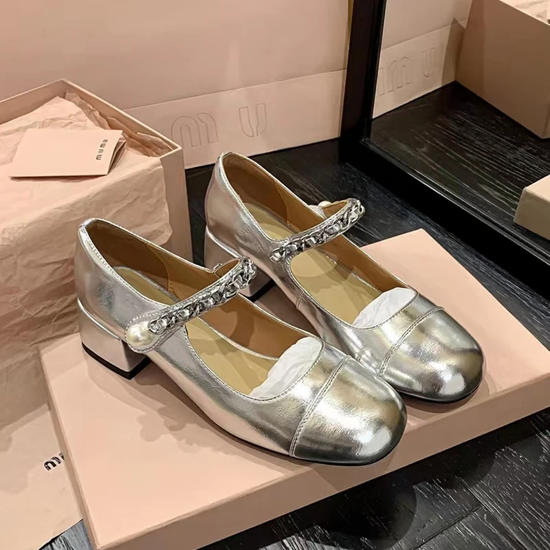 国潮小香风玛丽珍鞋银色单鞋女粗跟小皮鞋百搭全皮复古春秋中跟鞋