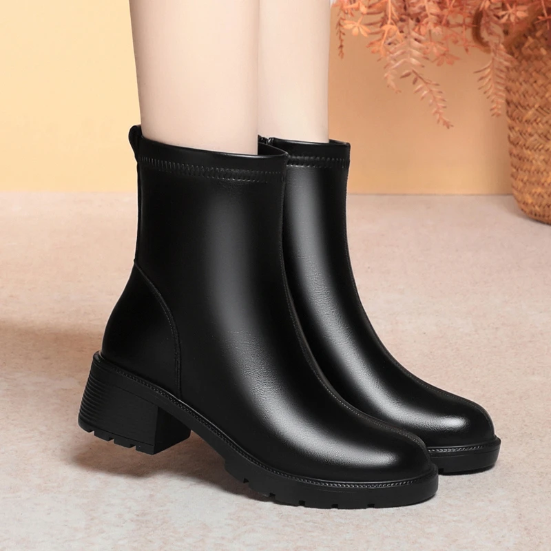 软皮高跟马丁靴女2025年春秋季新款粗跟小踝靴瘦瘦女鞋小个子短靴