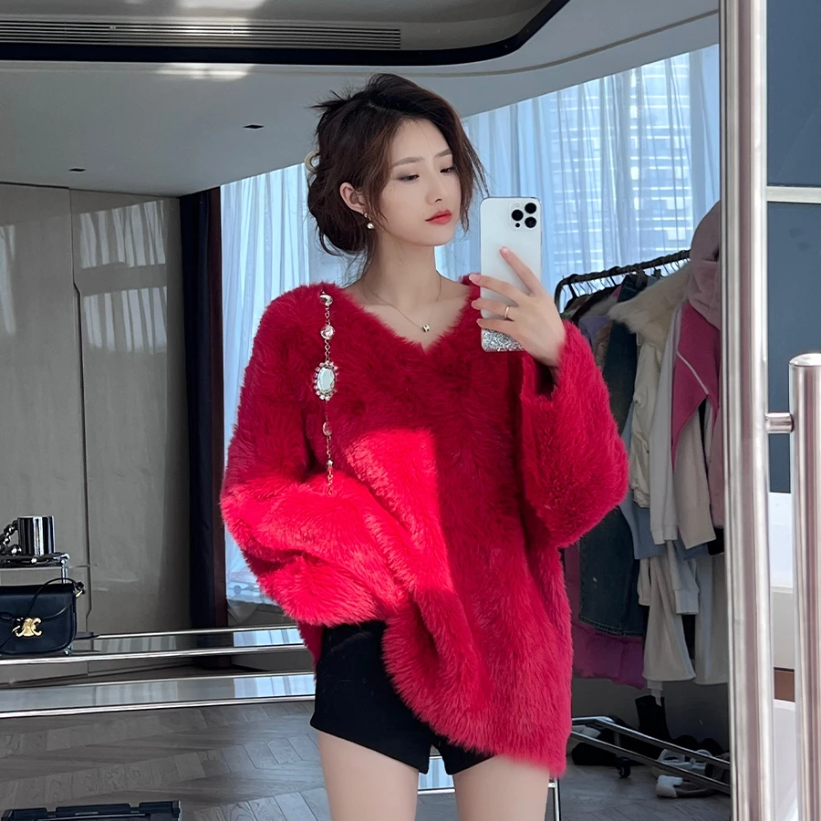 【現货】CHICHEN/晨妍-《氛围拿捏》时尚慵懒宽松气质V领毛衣上衣