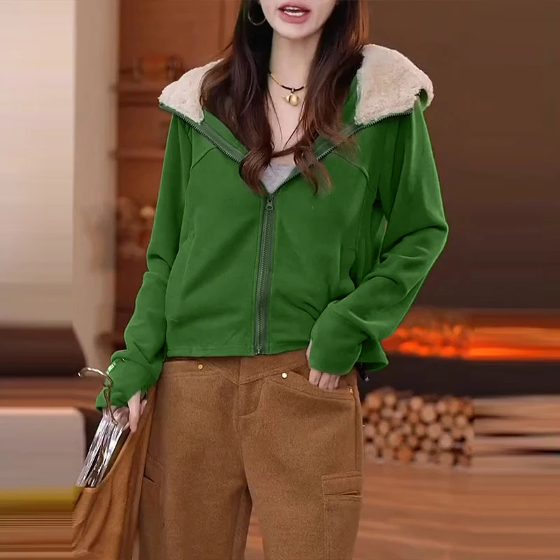 文艺通勤显瘦保暖卫衣女2024秋冬款纯色百搭连帽设计今年流行上衣