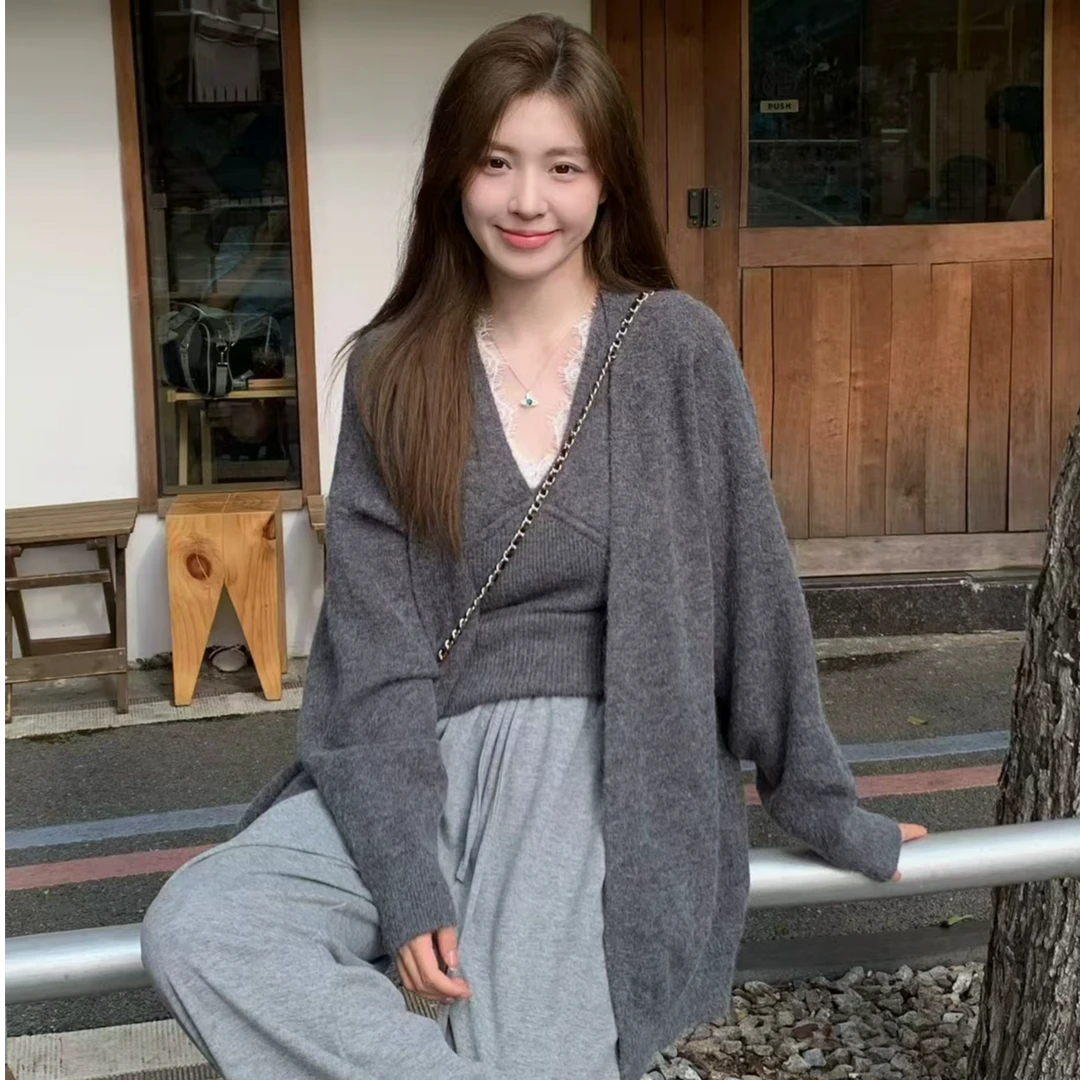 针织开衫蕾丝拼接背心两件套女春秋中长款宽松慵懒风加厚毛衣外套