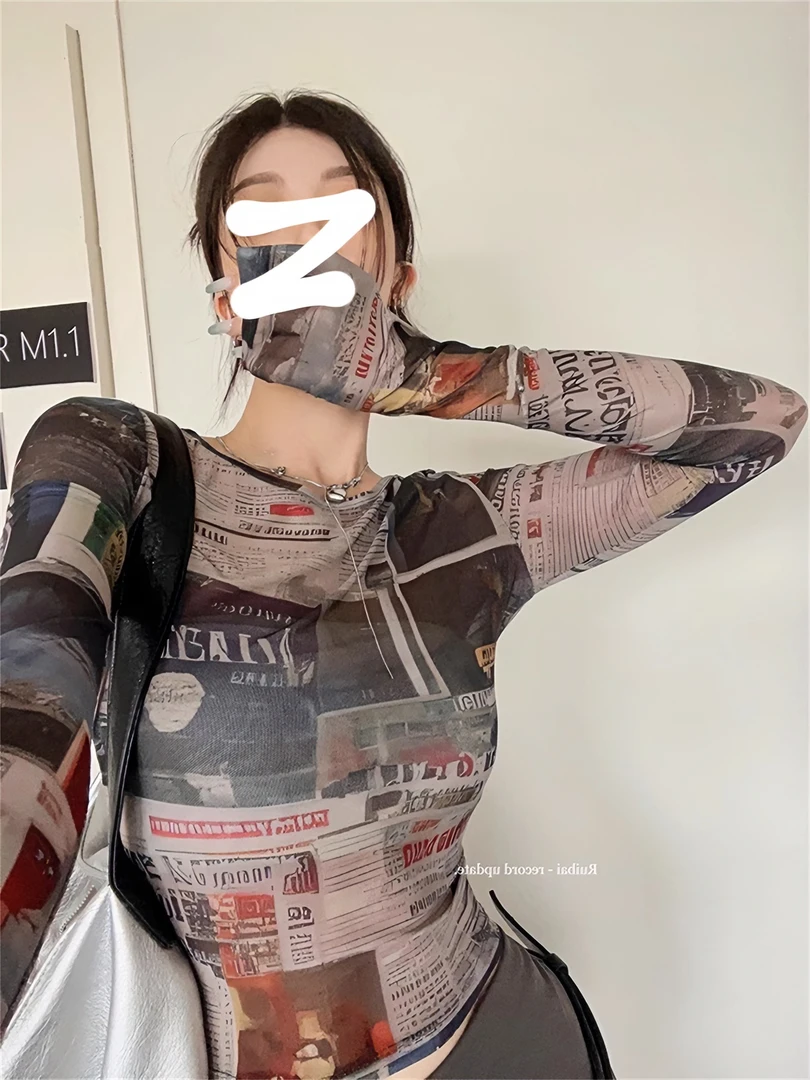 美式复古印花长袖t恤女早秋辣妹薄款网纱氛围感收腰短款打底上衣