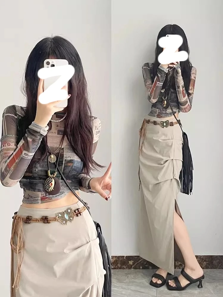 复古网纱长袖T恤女夏紧身露脐性感防晒衫美式氛围感街头辣妹上衣